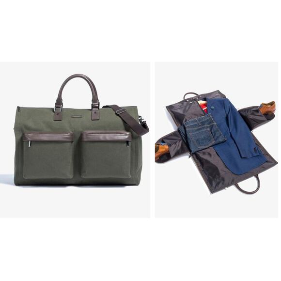 Hook & Albert Twill Garment Weekender Bag Green Canvas Leather Duffle- Rare - Picture 3 of 11